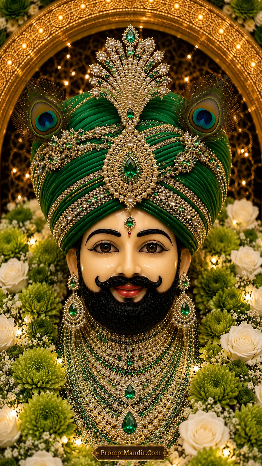 Royal portrait of Khatu Shyam Baba in an emerald green turban, adorned with emerald and diamond jewelry, surrounded by green and white flowers