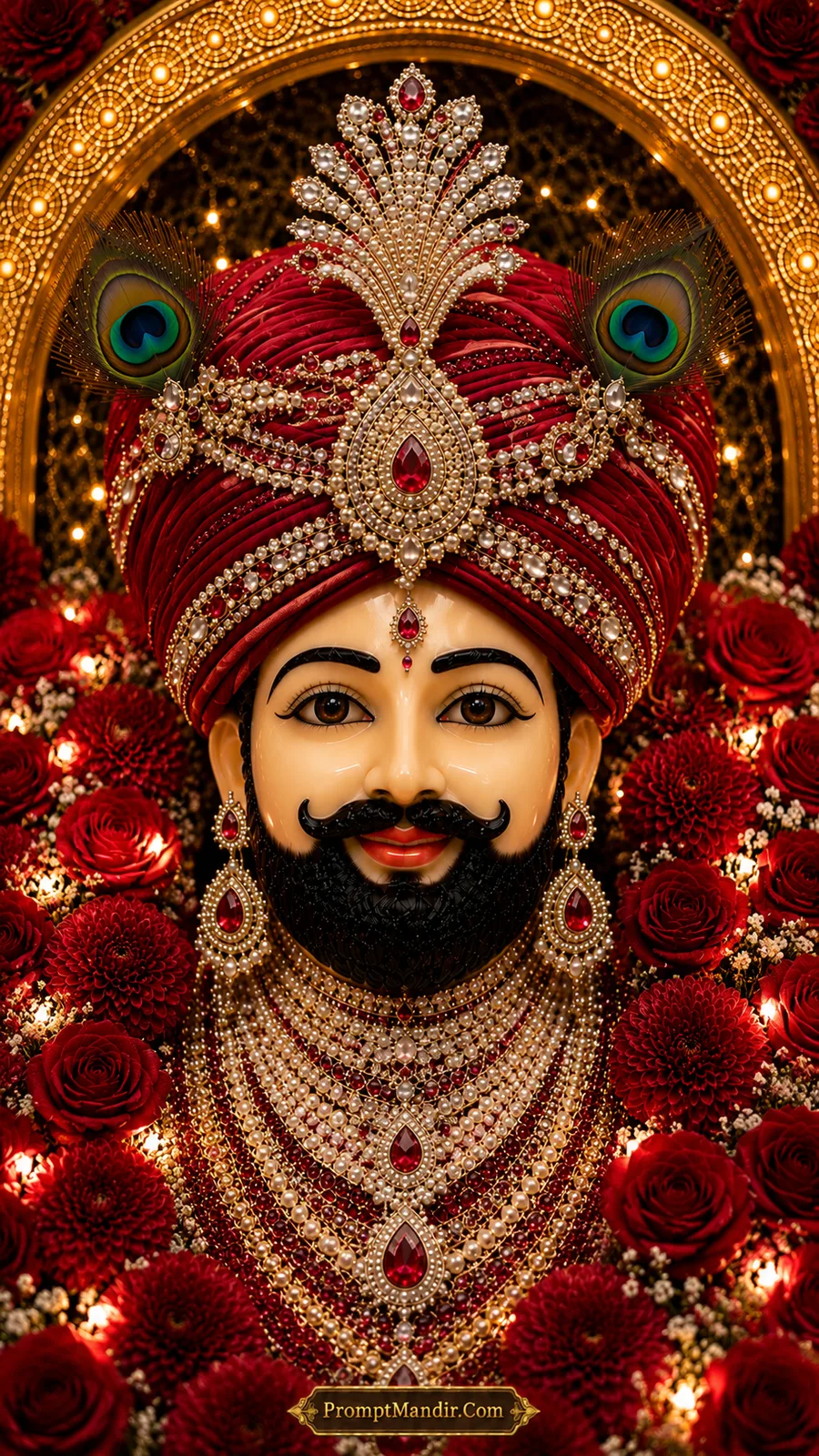 Royal portrait of Khatu Shyam Baba in a deep red turban, adorned with ruby and diamond jewelry, surrounded by red roses and chrysanthemums