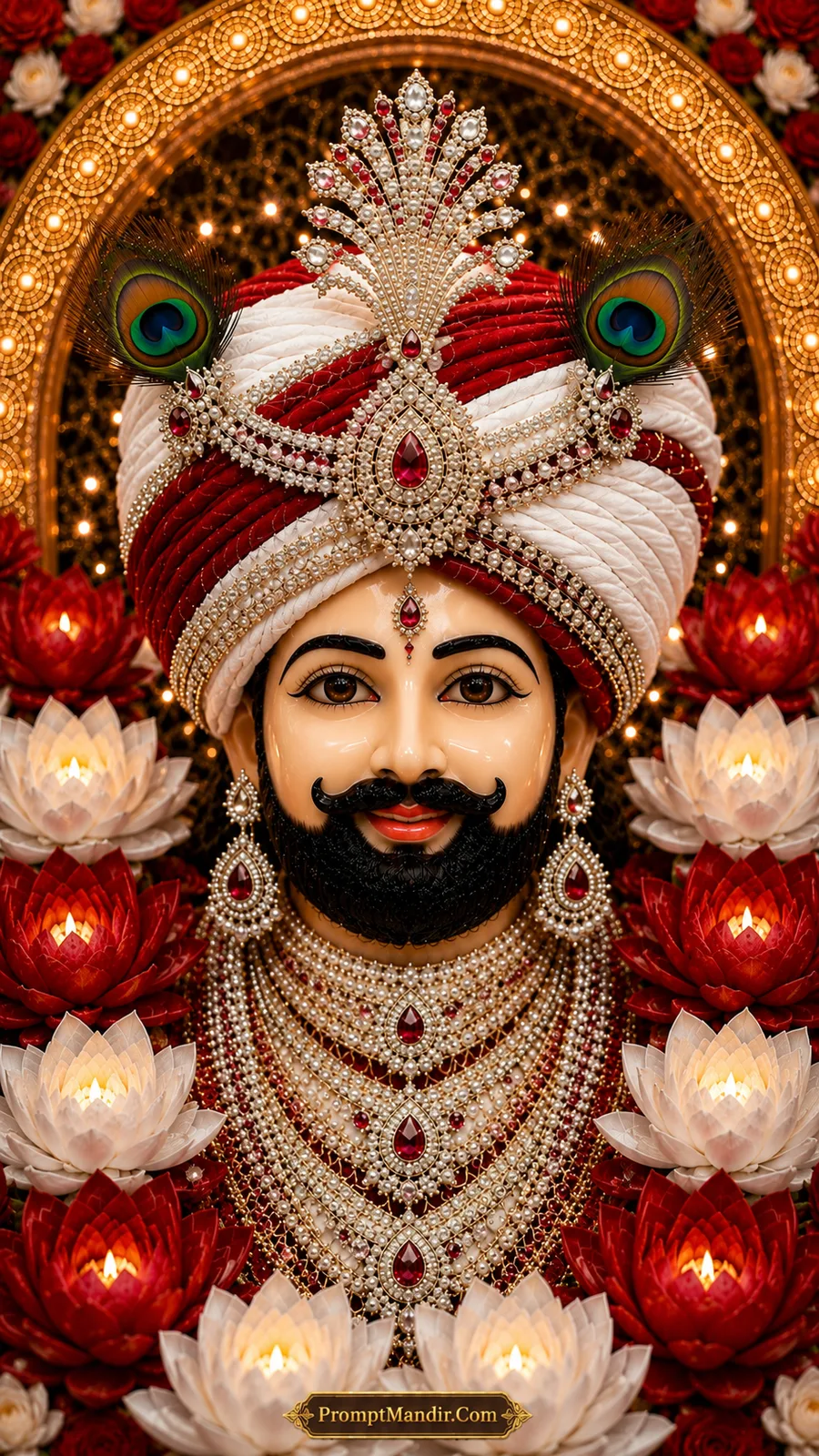 Royal portrait of Khatu Shyam Baba in a white and red turban, adorned with ruby and diamond jewelry, surrounded by red and white lotus flowers