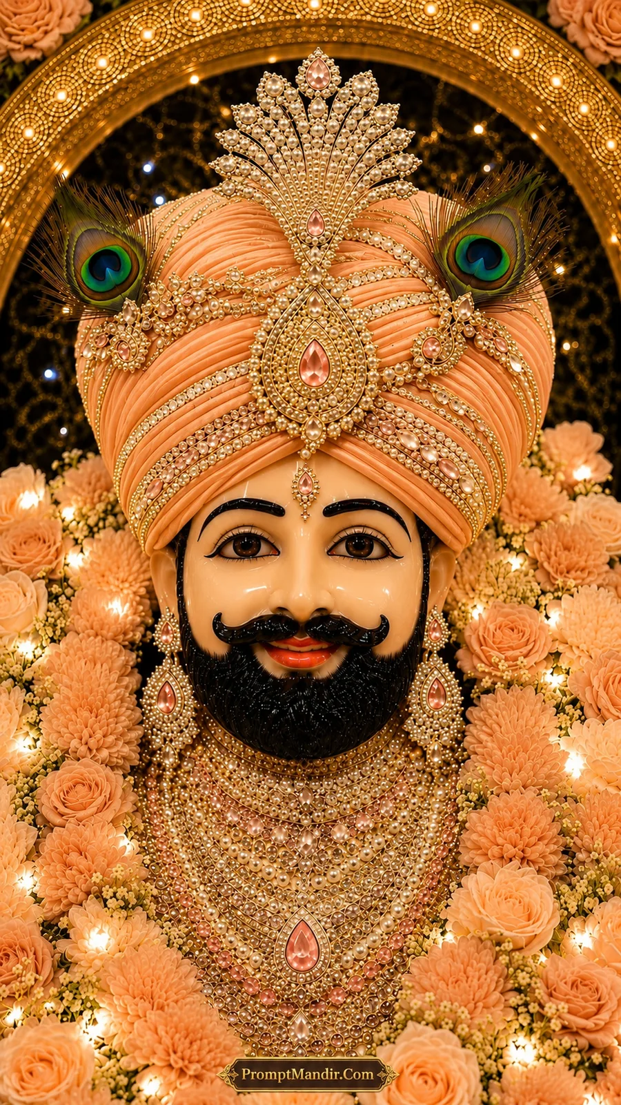 Royal portrait of Khatu Shyam Baba in a soft peach turban, adorned with diamond and pearl jewelry, surrounded by peach roses and chrysanthemums
