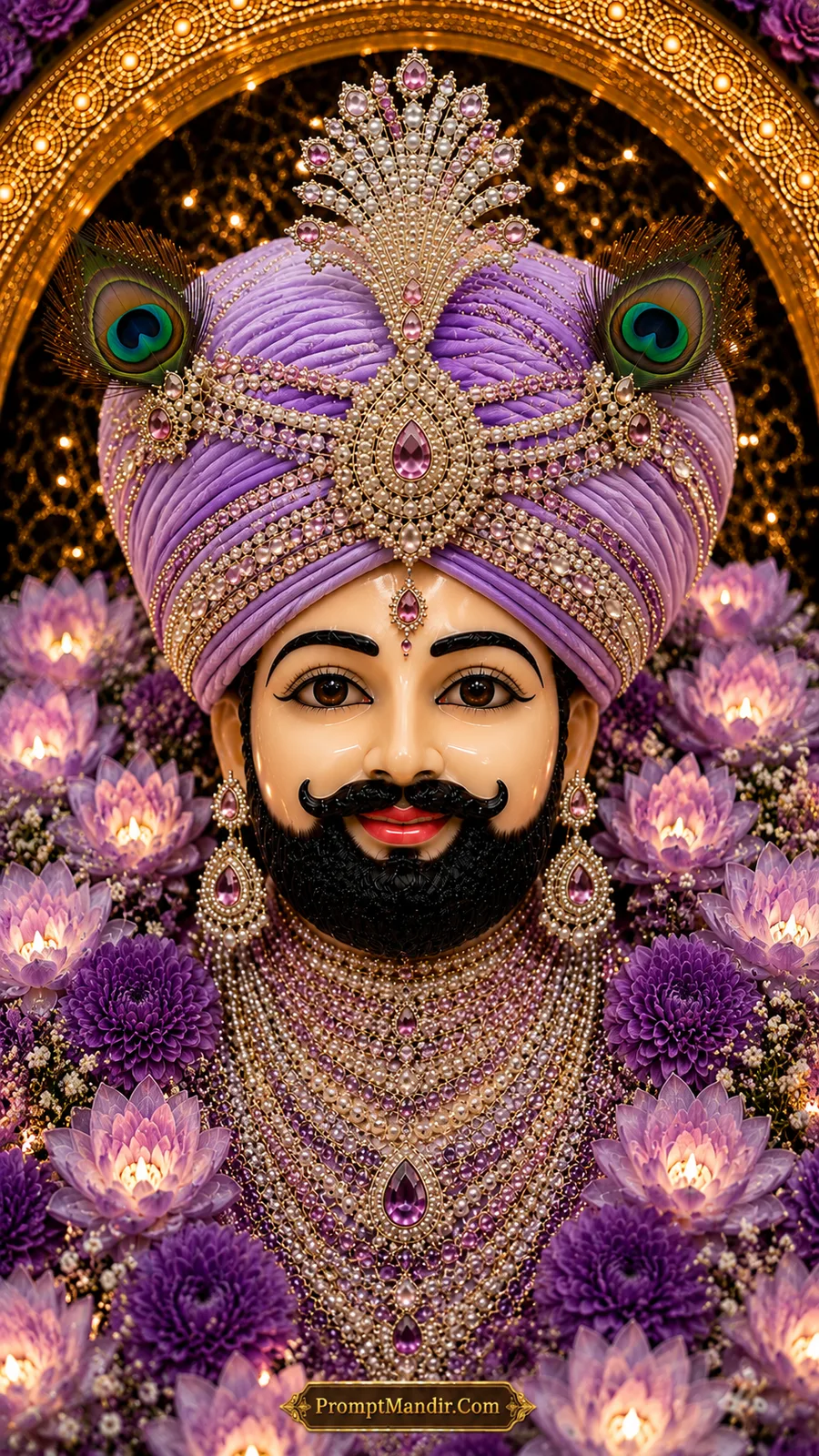 Royal portrait of Khatu Shyam Baba in a soft lavender turban, adorned with amethyst and diamond jewelry, surrounded by purple lotus flowers