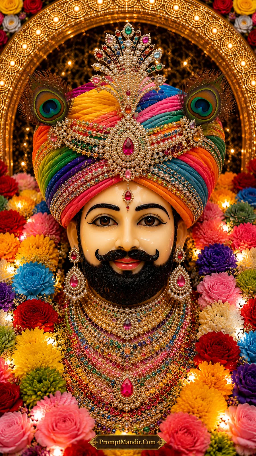 Royal portrait of Khatu Shyam Baba in a multicolored rainbow turban, surrounded by a vibrant array of colorful flowers