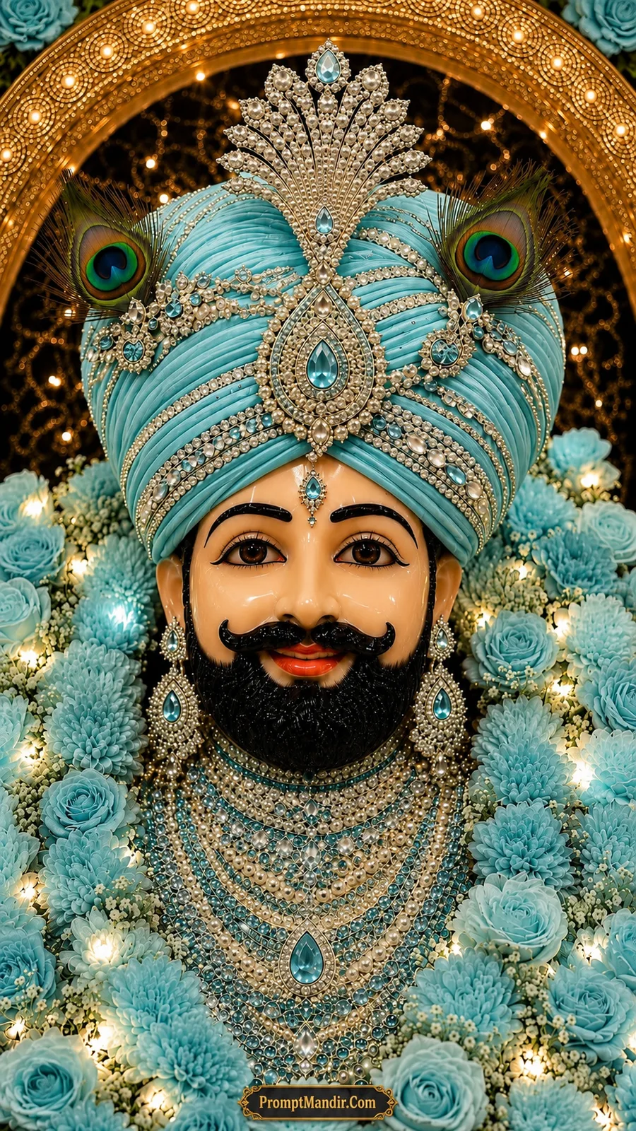 Royal portrait of Khatu Shyam Baba in a sky blue turban, adorned with aquamarine and diamond jewelry, surrounded by blue roses and chrysanthemums