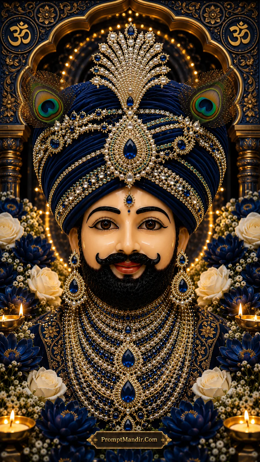Royal portrait of Khatu Shyam Baba in a navy blue turban, adorned with sapphire and diamond jewelry, surrounded by blue lotuses and Om symbols