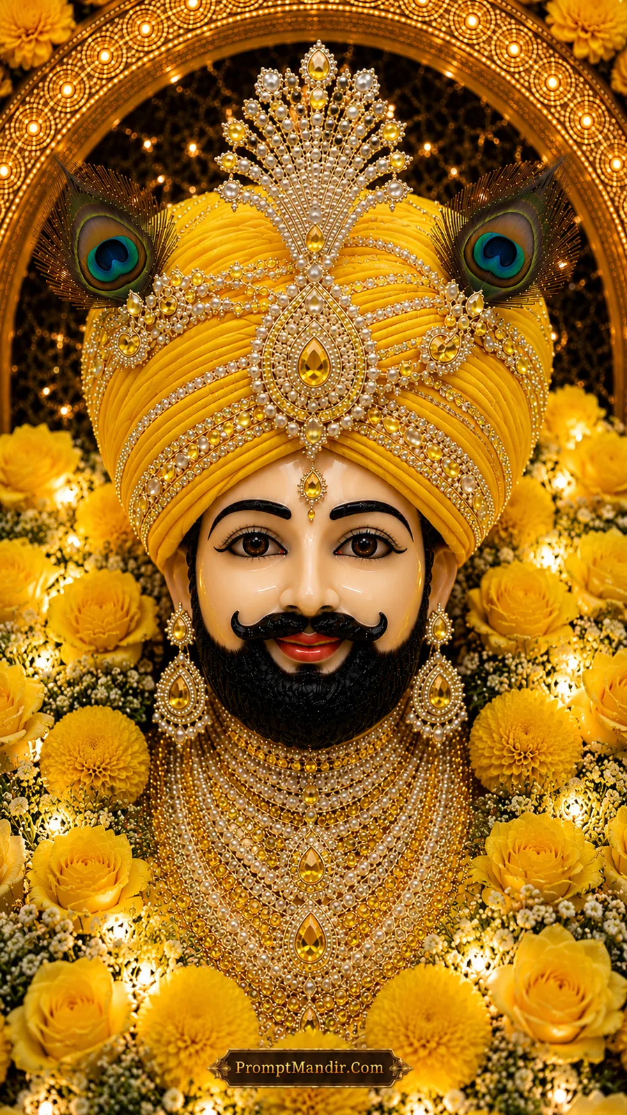Royal portrait of Khatu Shyam Baba in a golden yellow turban, adorned with yellow topaz and diamond jewelry, surrounded by yellow roses