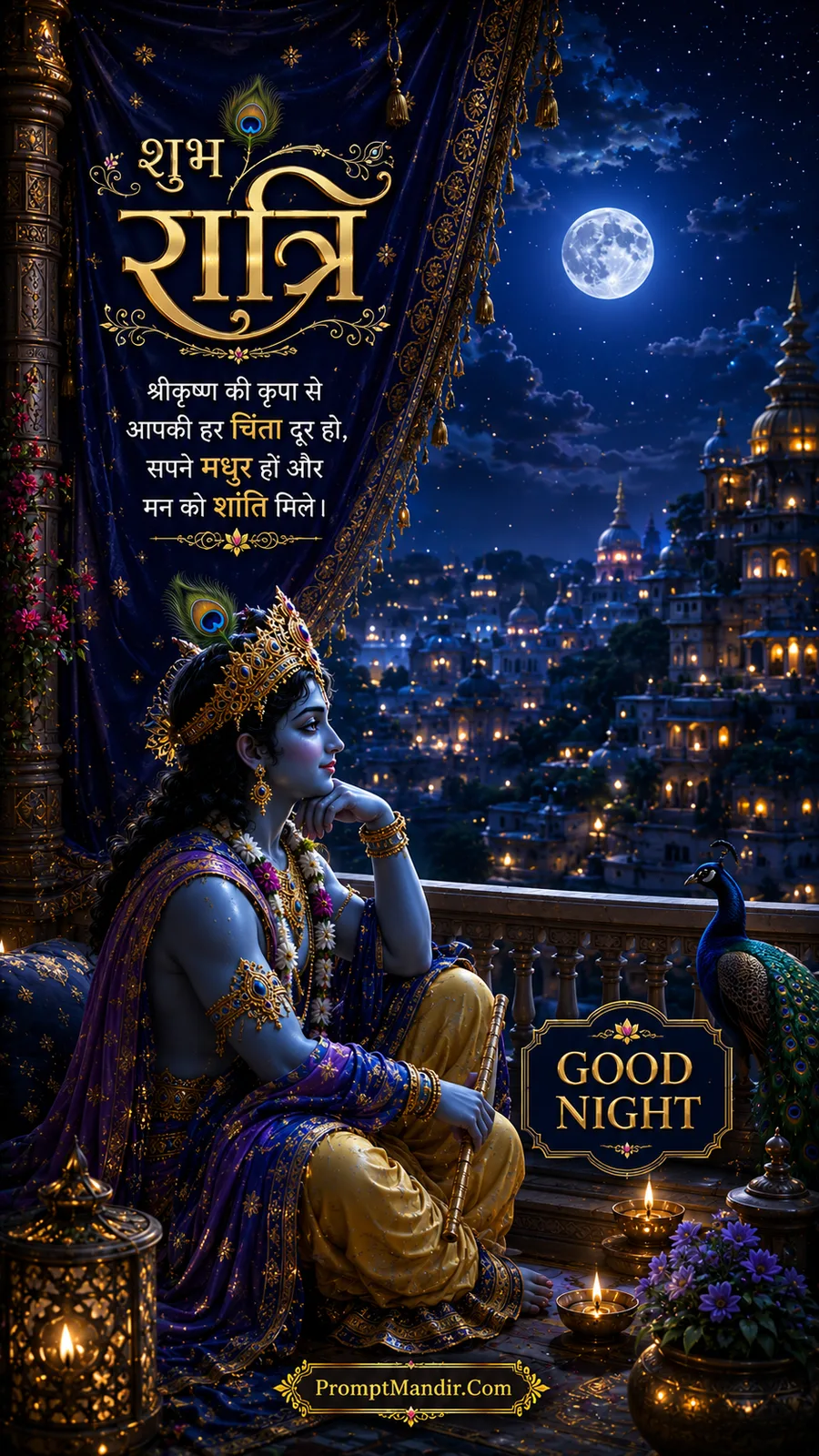 Lord Krishna sitting thoughtfully on a palace balcony at night, looking at a moonlit city, with a peacock and a lit lamp beside him