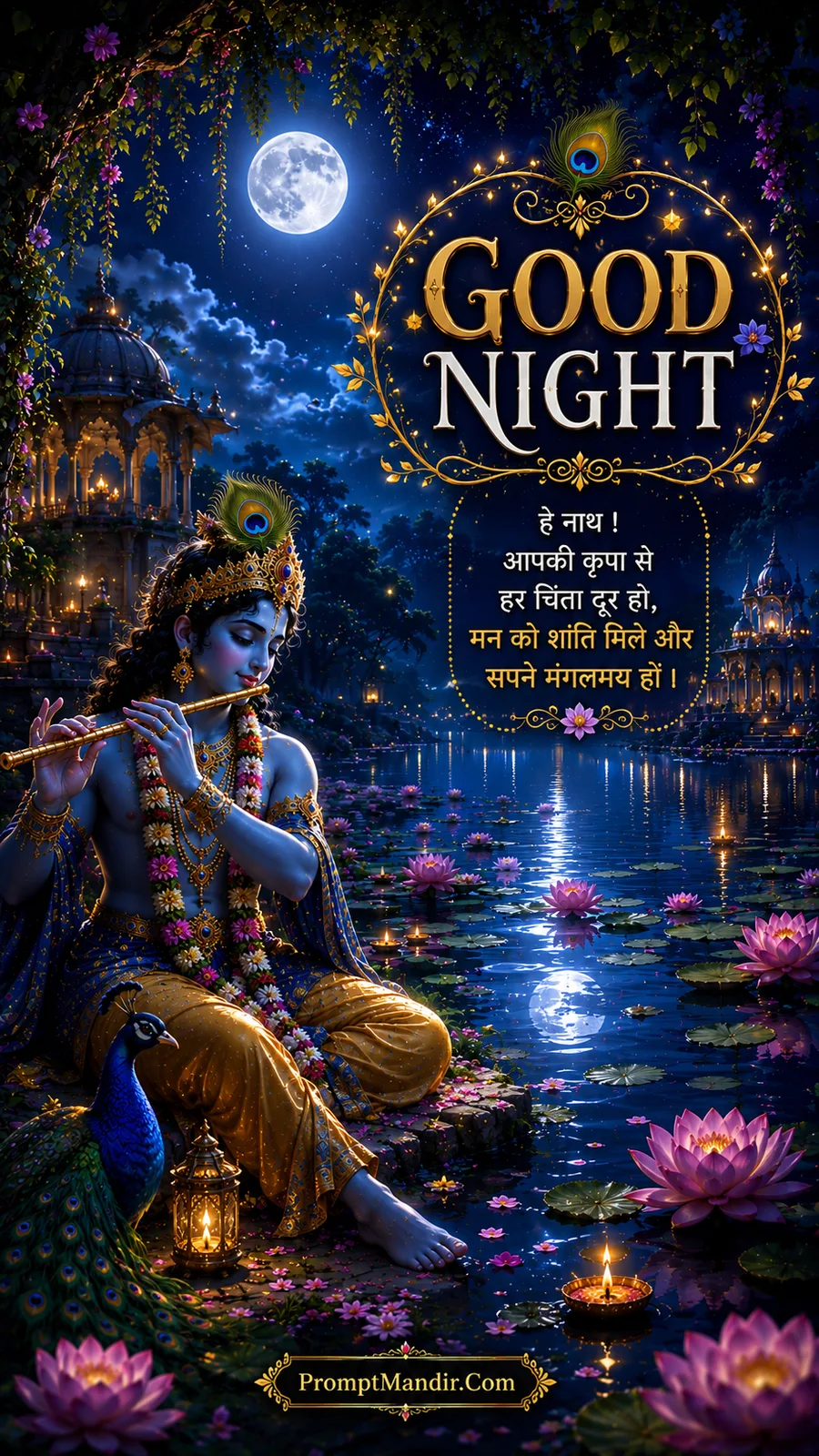 Lord Krishna playing his flute by a moonlit lake, surrounded by lotus flowers and floating diyas, with a peacock nearby