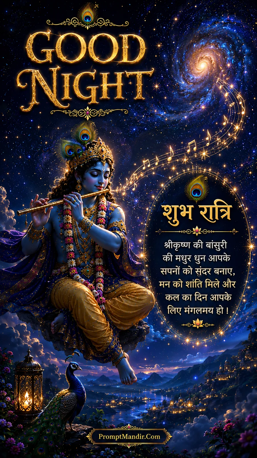 Lord Krishna playing his flute on a floating rock in a starry galaxy, with musical notes and a peacock nearby