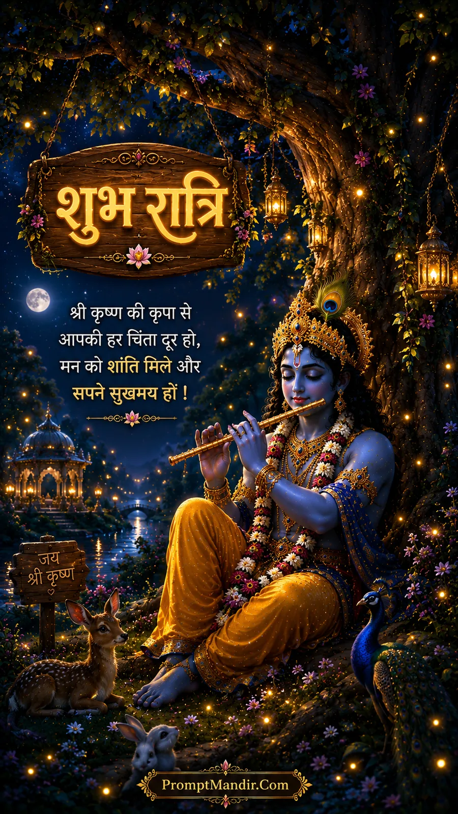 Lord Krishna playing his flute under a large tree in a magical forest, surrounded by glowing fireflies, a deer, a rabbit, and a peacock