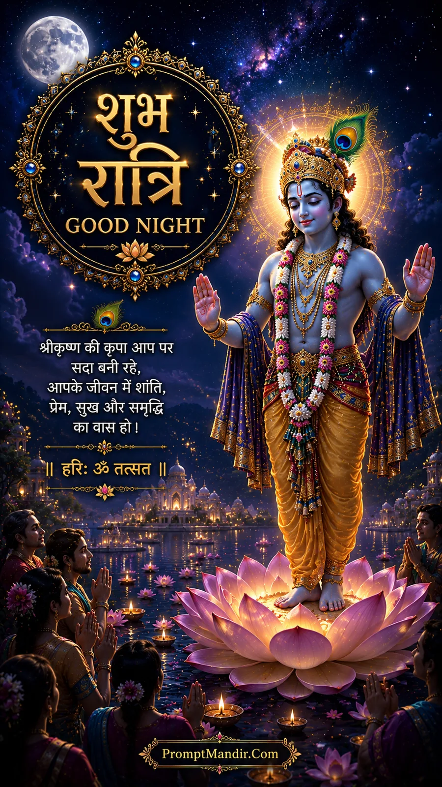 Lord Krishna standing on a giant pink lotus, blessing with both hands, surrounded by devotees offering prayers on a moonlit lake