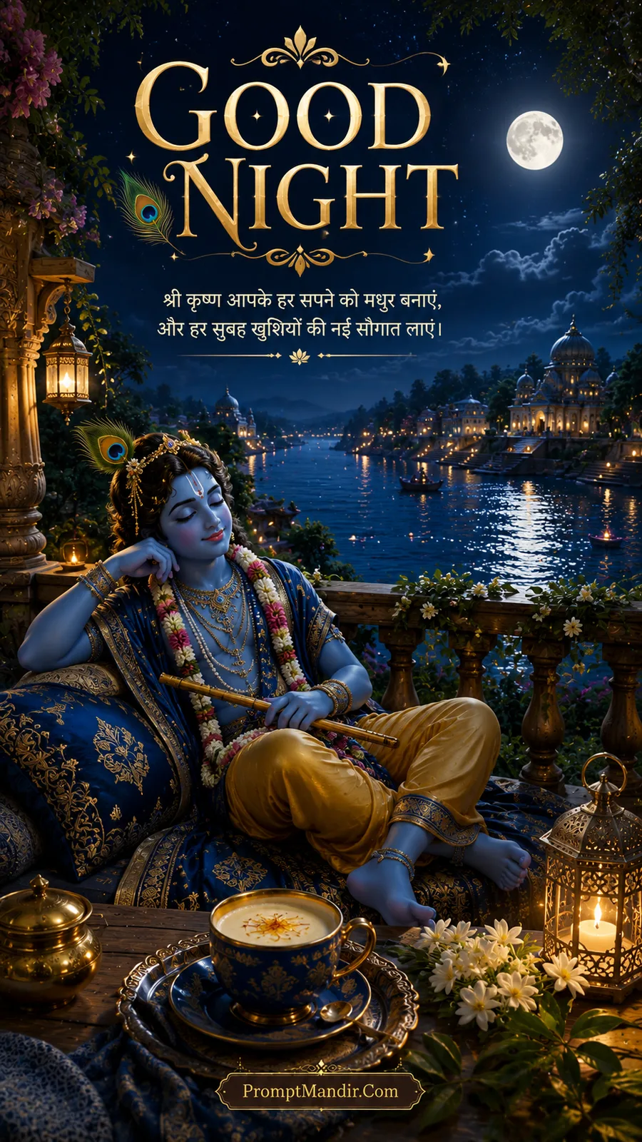 Lord Krishna relaxing on a balcony with a cup of tea and his flute, looking at a moonlit river and a temple