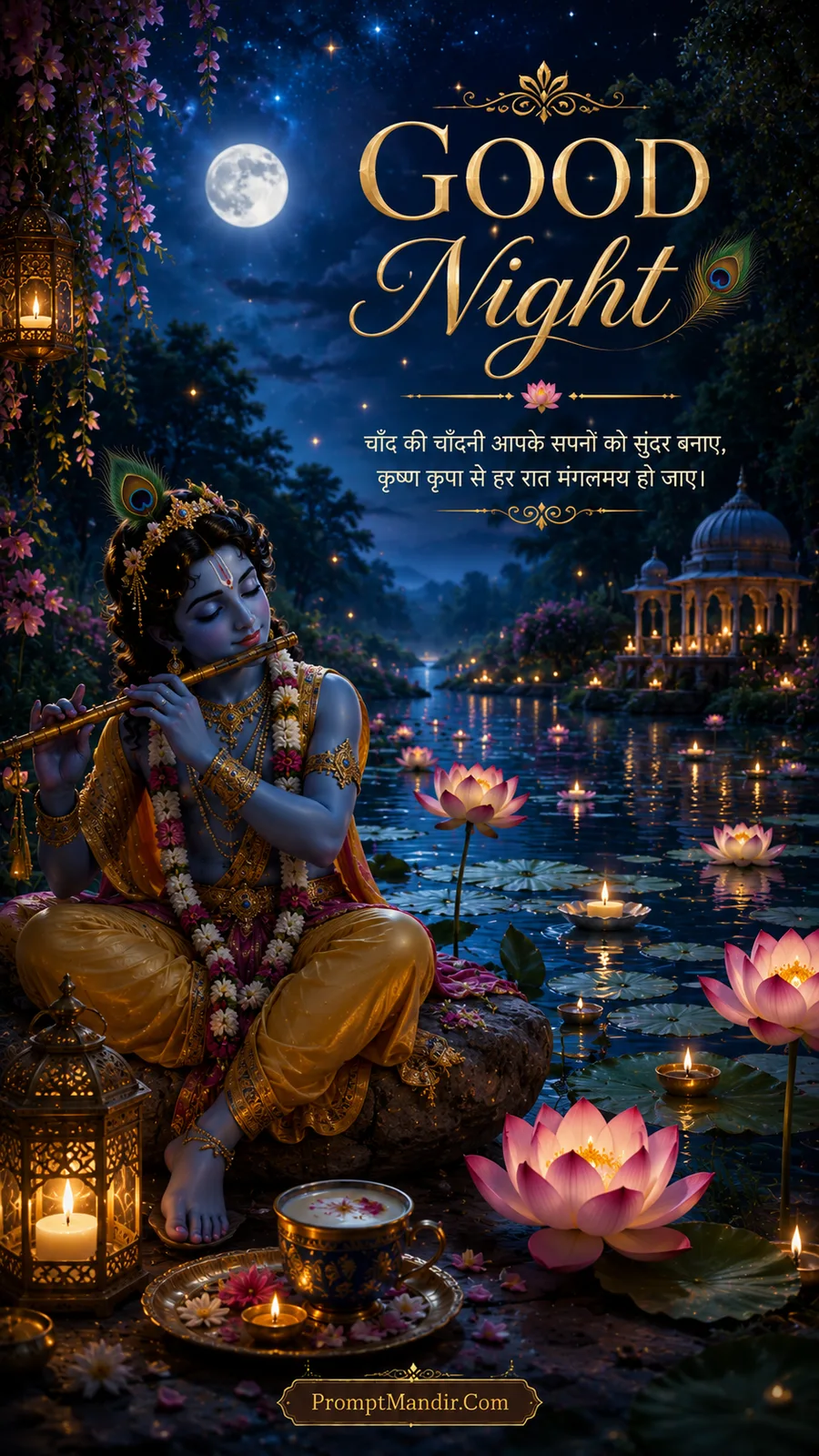 Lord Krishna playing his flute by a moonlit river, with a cup of tea, a lantern, and lotus flowers nearby