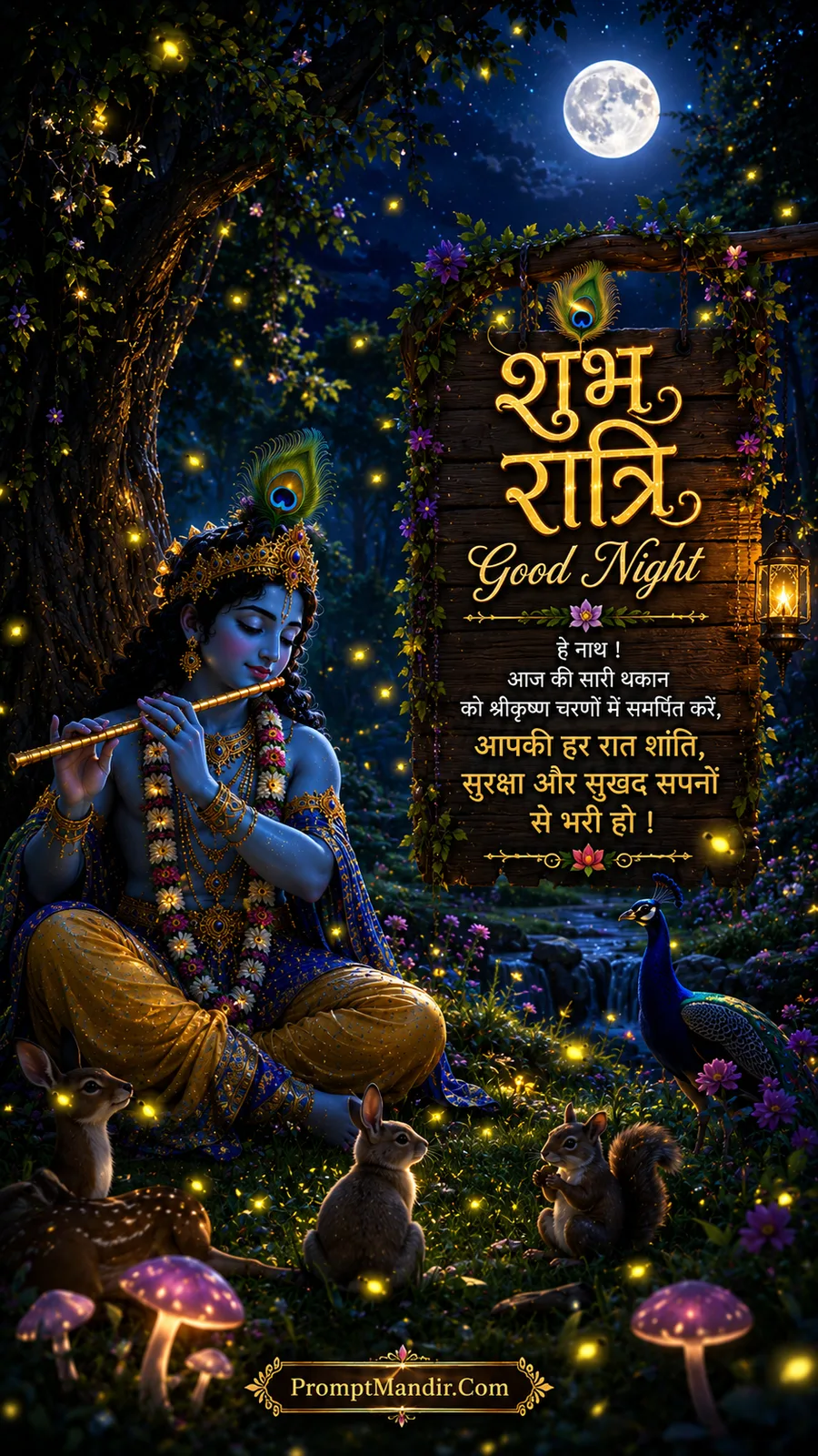 Lord Krishna playing his flute in a magical forest at night, surrounded by glowing fireflies, a deer, a rabbit, a squirrel, and a peacock