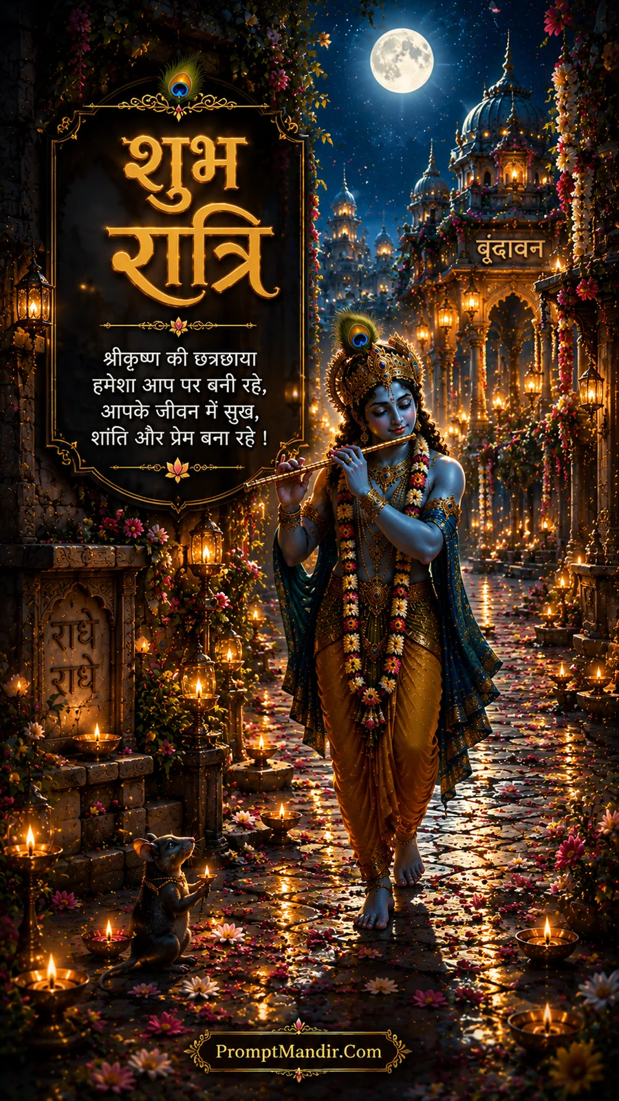 Lord Krishna walking through a lit Vrindavan street at night, playing his flute, with lanterns and a mouse offering prayers