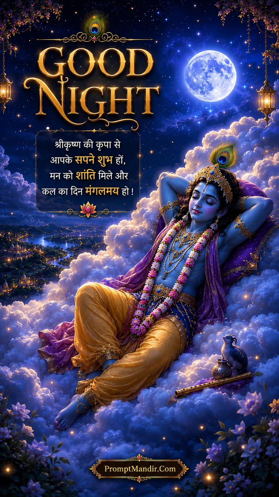 Lord Krishna sleeping peacefully on a bed of clouds under a full moon, with his flute beside him