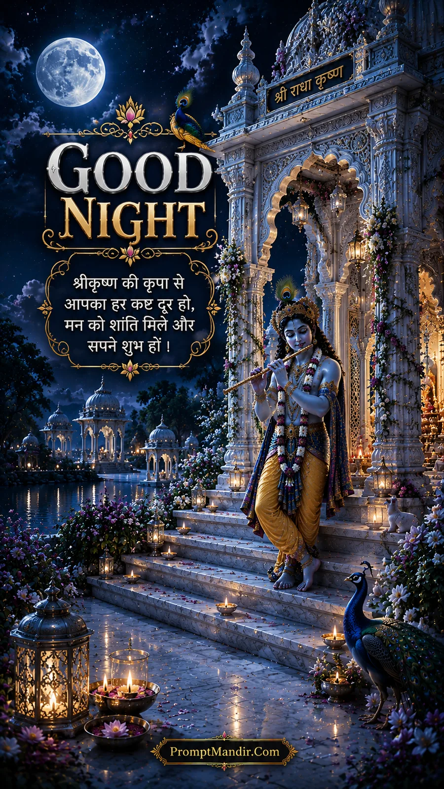 Lord Krishna playing his flute on the marble steps of a grand temple at night, with a peacock nearby and the name 'Shri Radha Krishna' inscribed