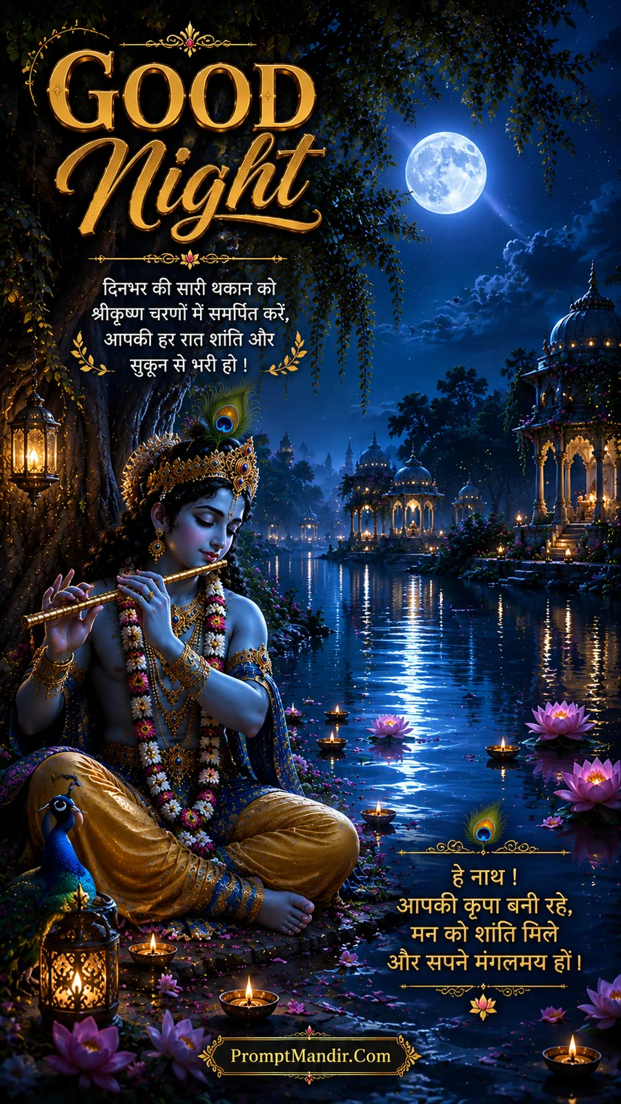 Lord Krishna playing his flute under a tree by a moonlit lake, with a lantern, a peacock, and floating diyas