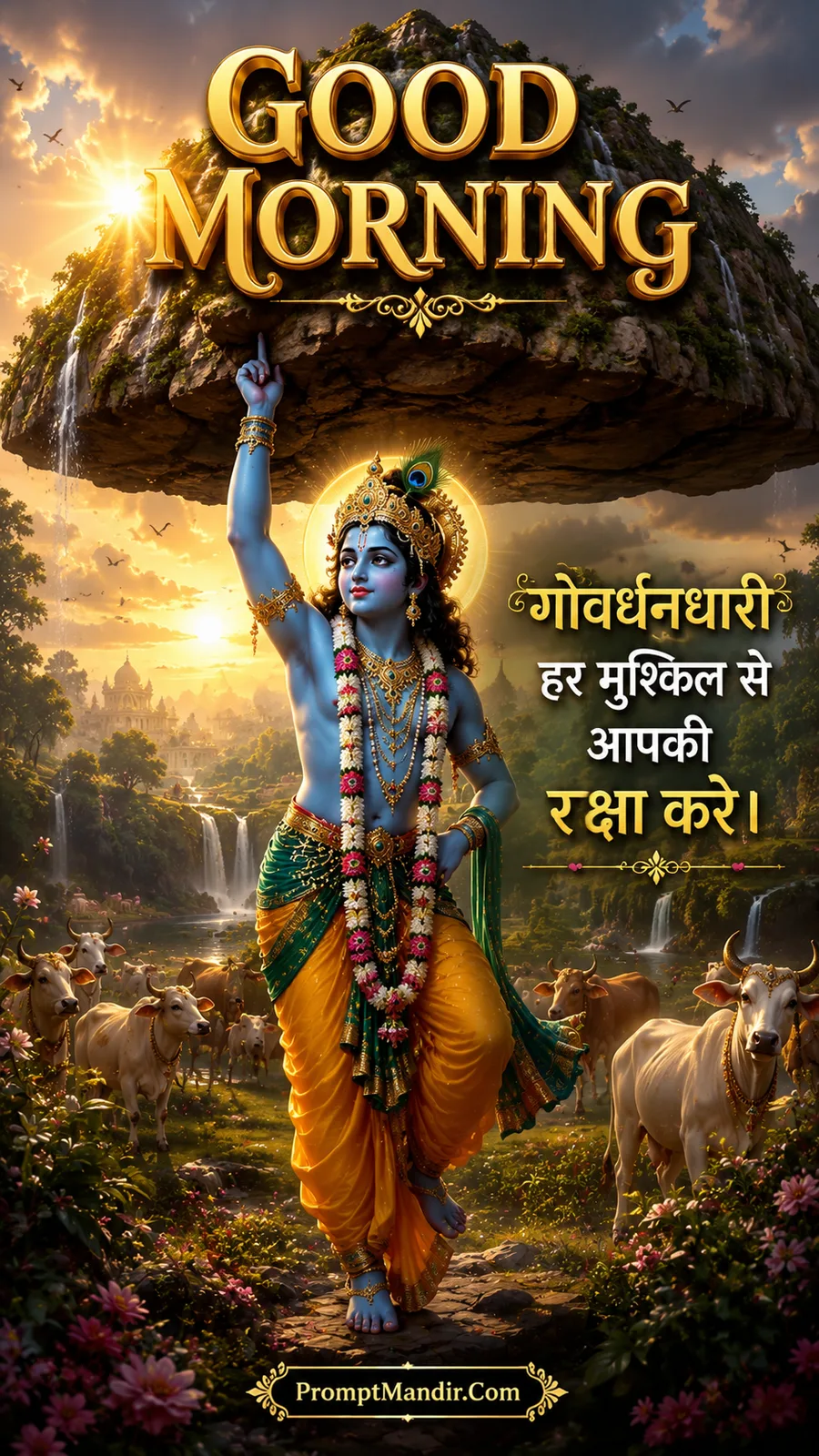Lord Krishna holding up the Govardhan mountain, protecting cows and devotees under a golden sunrise with a divine halo