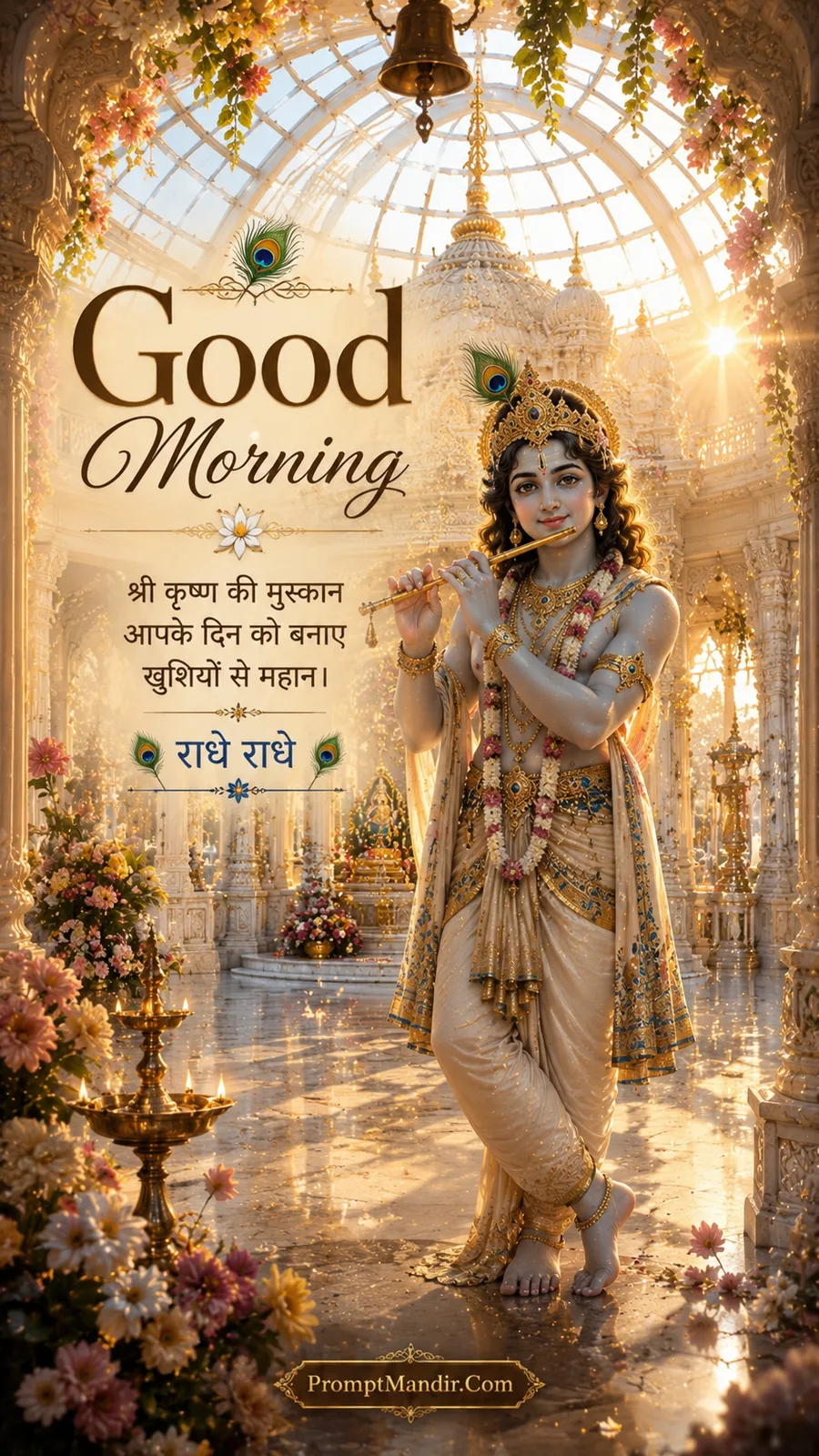 Young Lord Krishna playing a flute in a grand white marble temple with golden sunlight, smiling under a halo