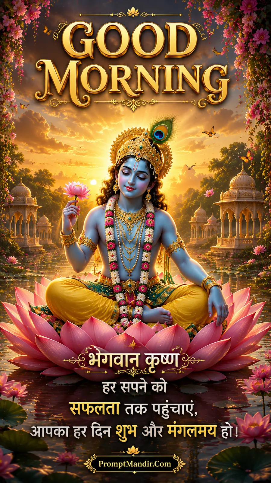 Lord Krishna seated on a giant pink lotus in a tranquil lake, holding a pink lotus flower, surrounded by a golden sunset and butterflies