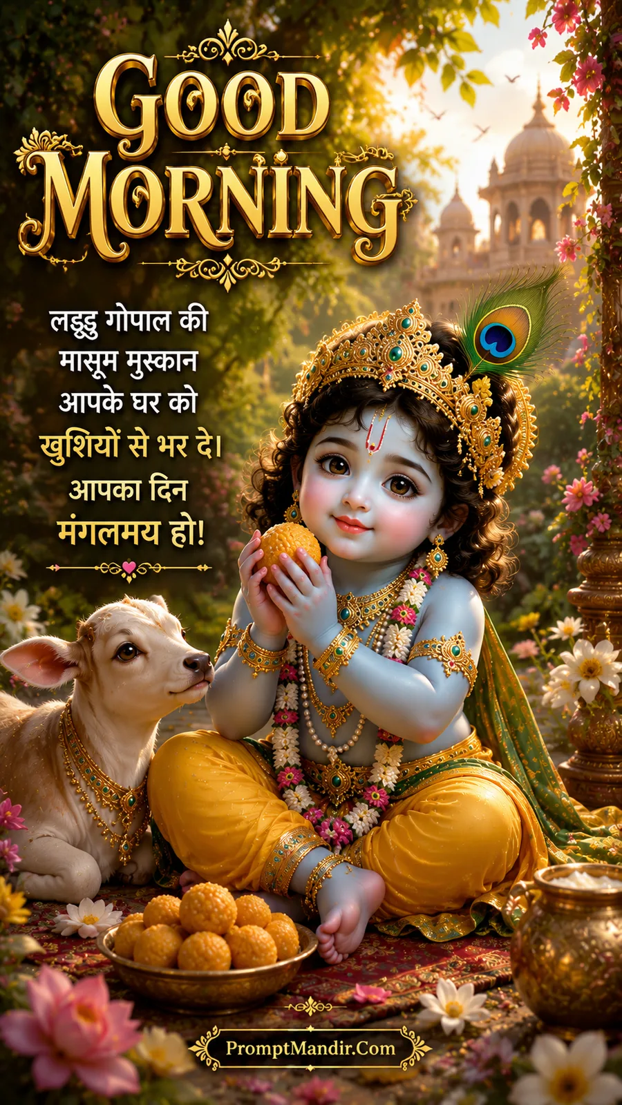 Baby Krishna (Laddu Gopal) sitting with a large laddu in his hands, a peacock feather crown, and a calf beside him