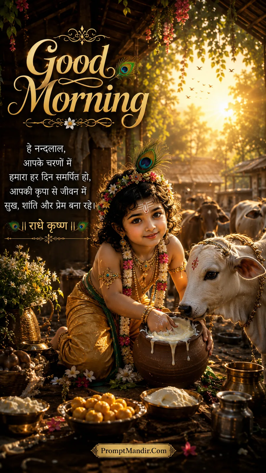 Baby Krishna sitting by a large clay pot of butter, eating butter with his hands, with a cow licking his hand, in a traditional village setting
