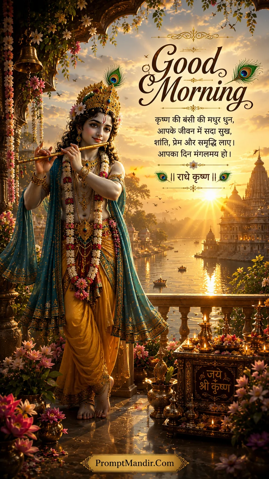 Lord Krishna standing on a river ghat at sunrise, playing his golden flute, with temple bells and a glowing puja thali nearby