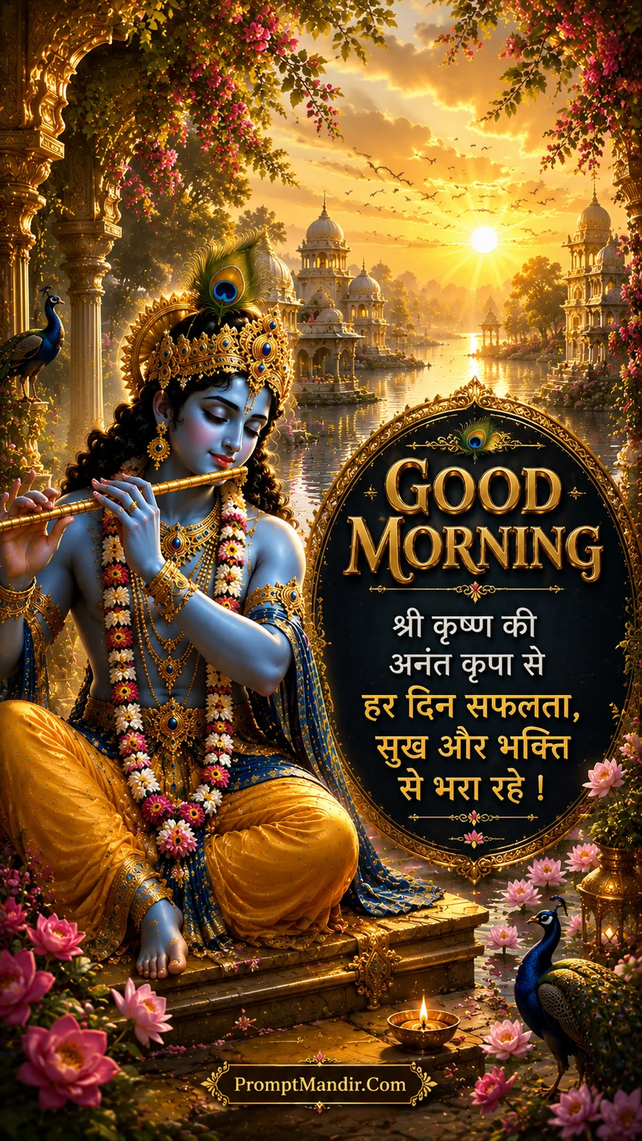 Lord Krishna sitting on a stone platform by a lake, playing his flute, surrounded by lotus flowers and a peacock