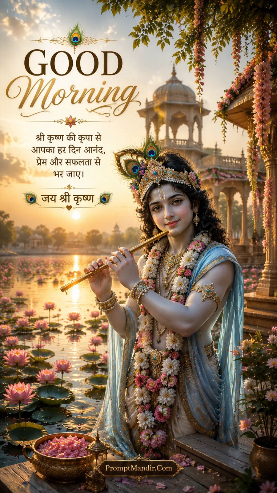 Lord Krishna playing his flute on a wooden platform by a lotus pond, with a golden sunset, temple pavilion, and a peacock feather crown