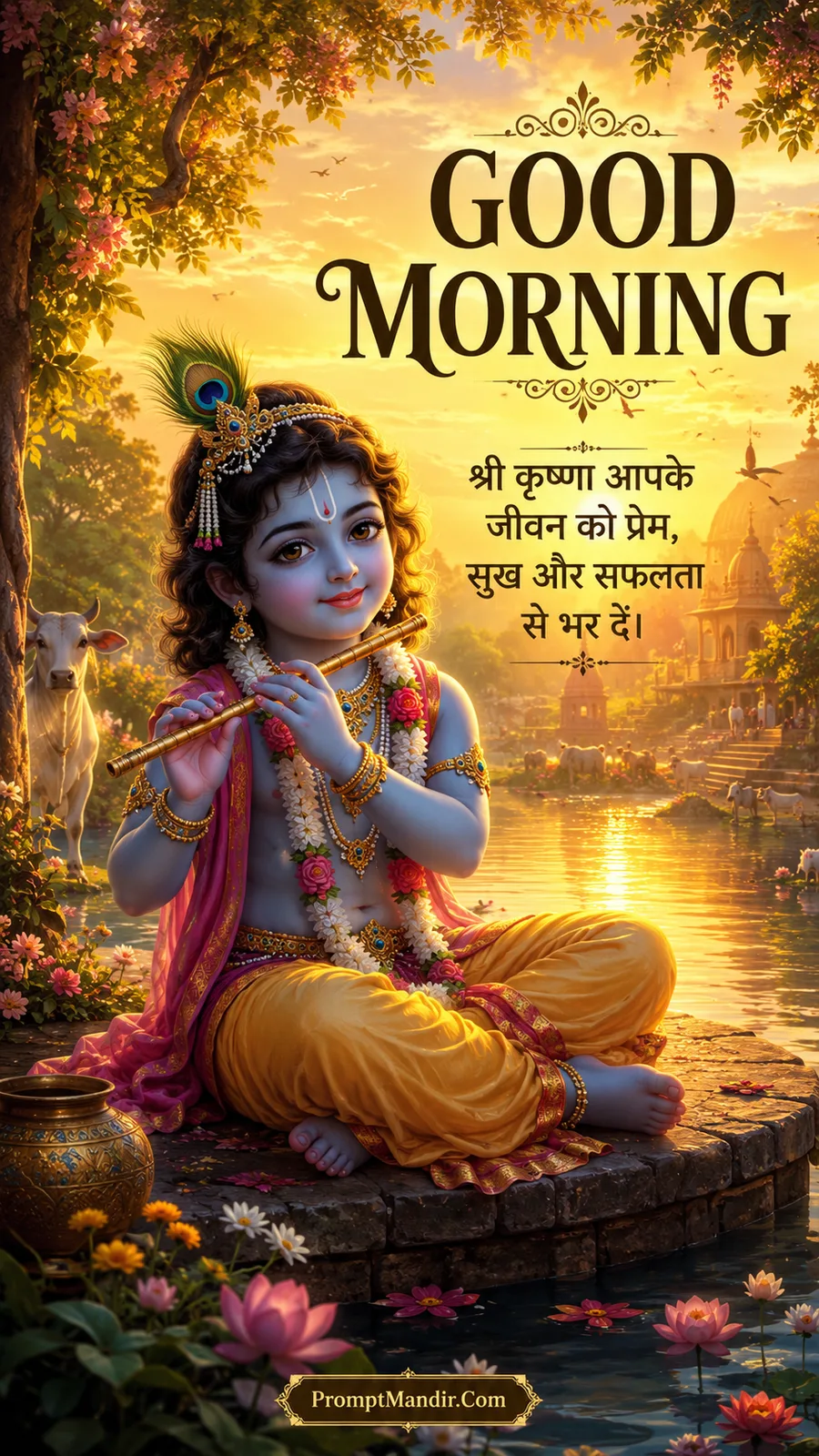 Baby Krishna sitting on a wooden platform by a river, playing the flute, with a cow, a peacock, and a golden sunset