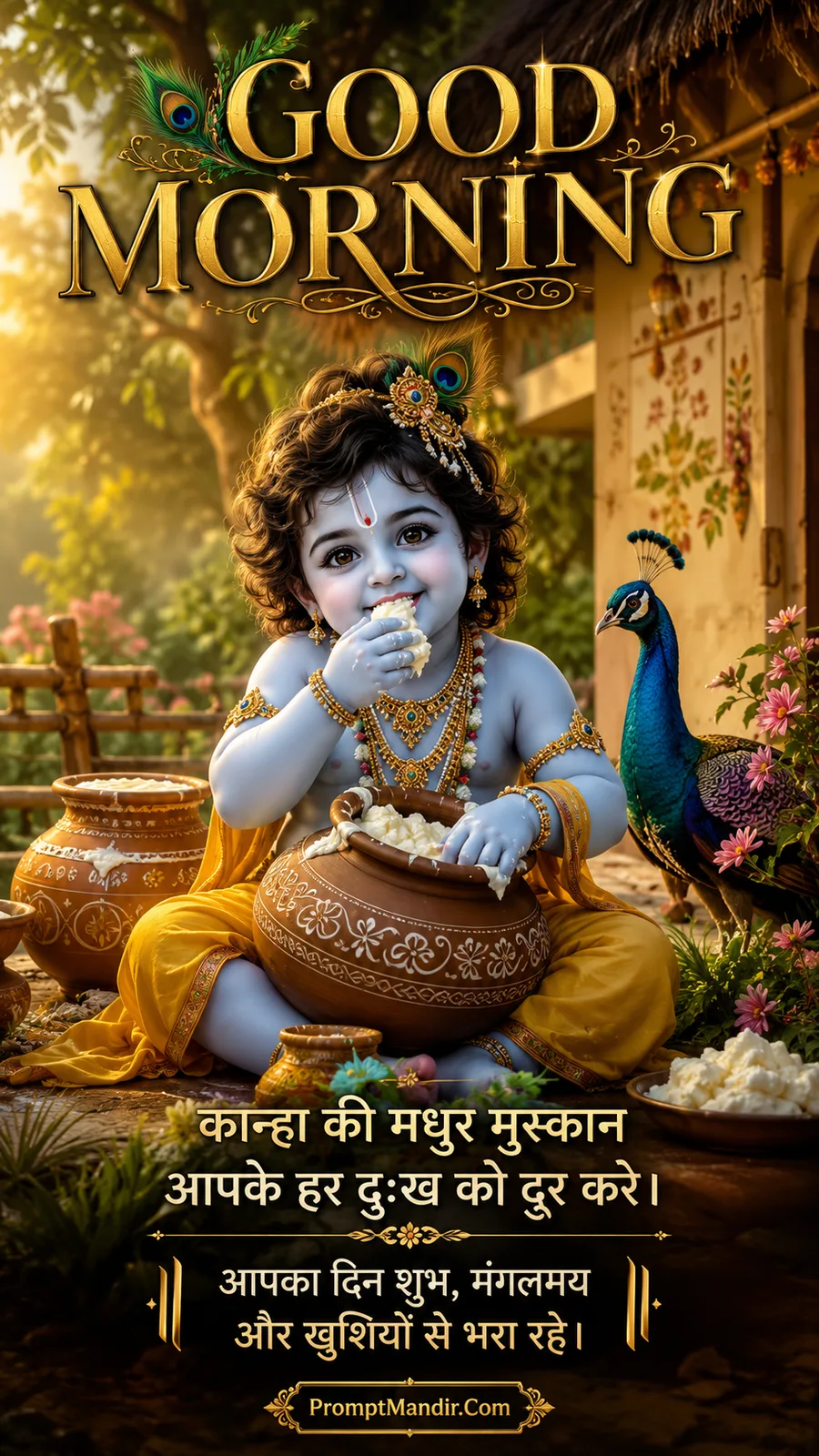Baby Krishna sitting by a clay pot of butter, eating butter with a happy smile, surrounded by a peacock and village setting