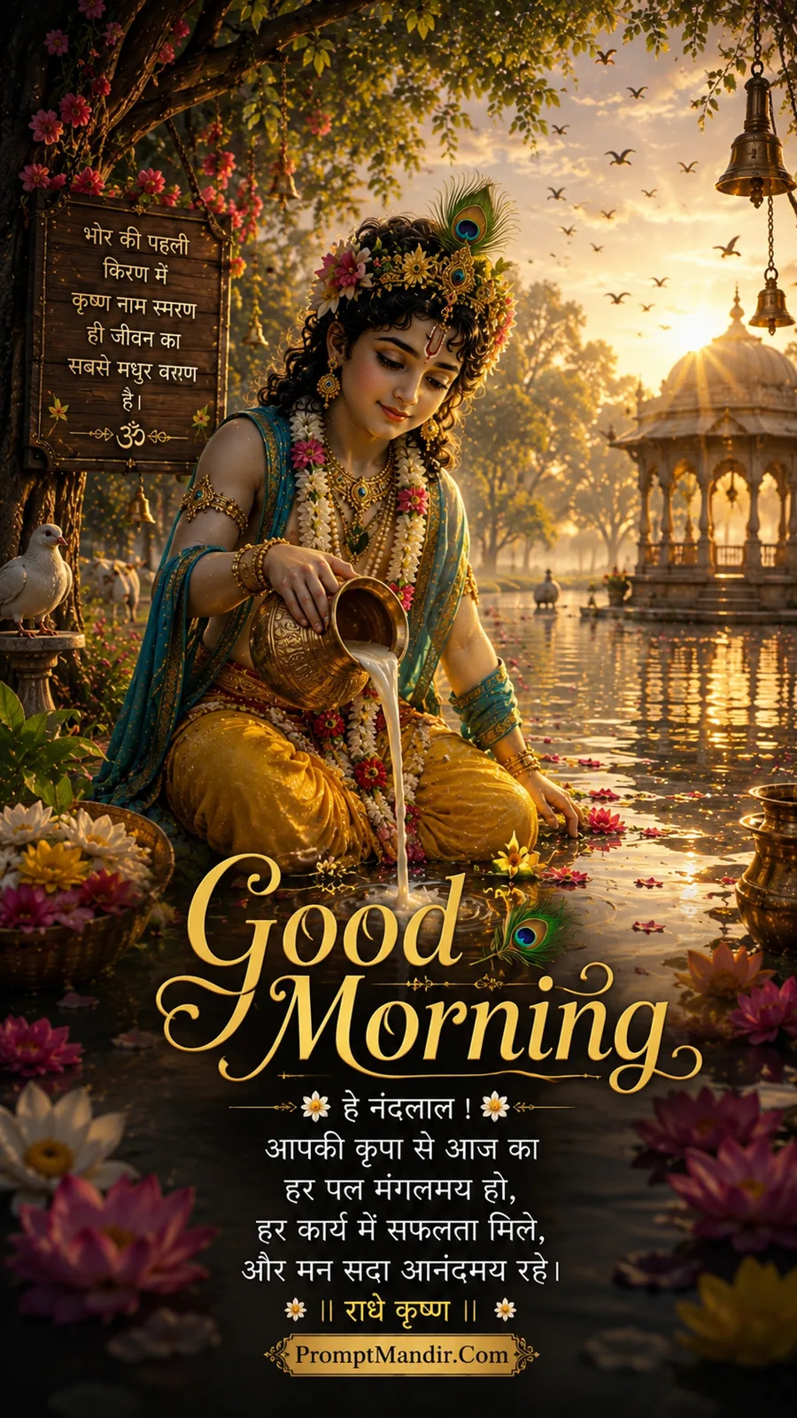 Baby Krishna sitting on a stone by a river, pouring milk from a brass pot into the water, surrounded by flowers and a dove