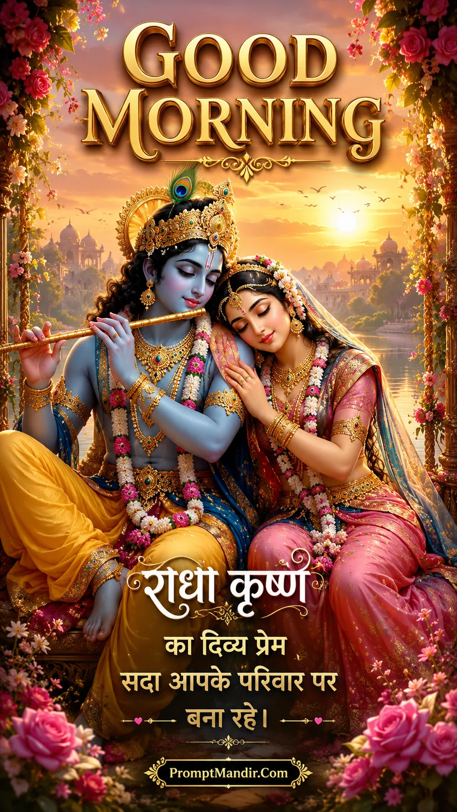 Lord Krishna and Radha sitting together in a beautiful garden, with Krishna playing the flute and Radha leaning on his shoulder