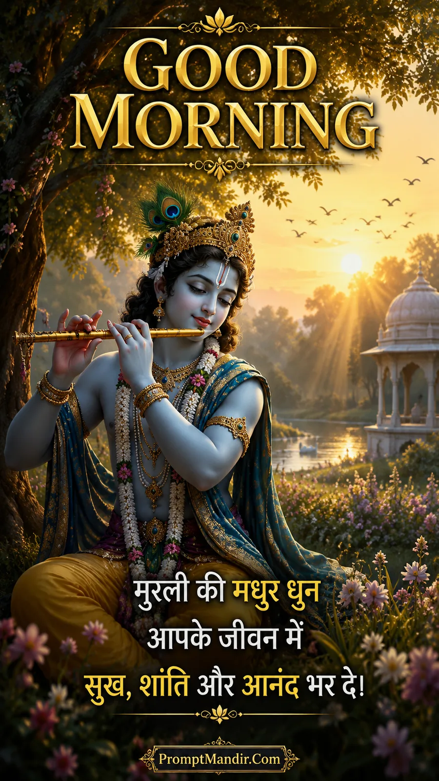 Lord Krishna sitting under a tree by a lake at sunrise, playing his flute, with a temple pavilion in the background