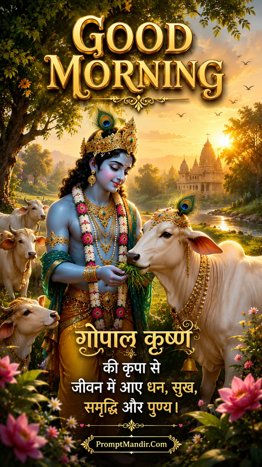 Lord Krishna standing in a lush green pasture, feeding grass to a cow, with other cows around him, a peacock feather crown, and a golden sunrise