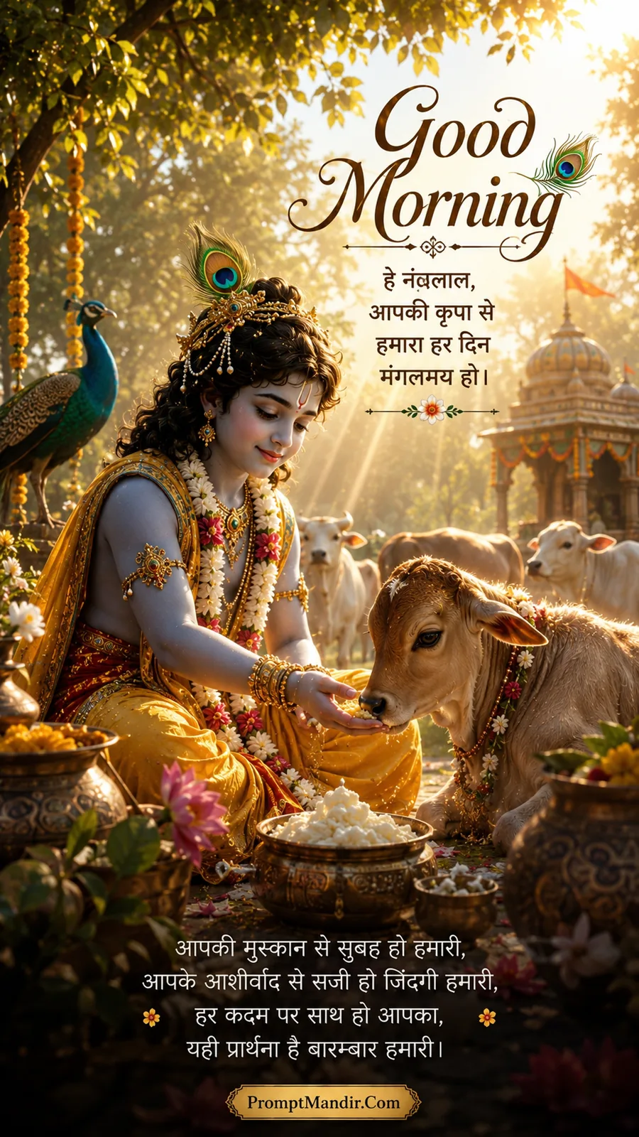 Baby Krishna sitting on a riverbank, feeding a small calf with love, surrounded by peacocks and a golden sunrise