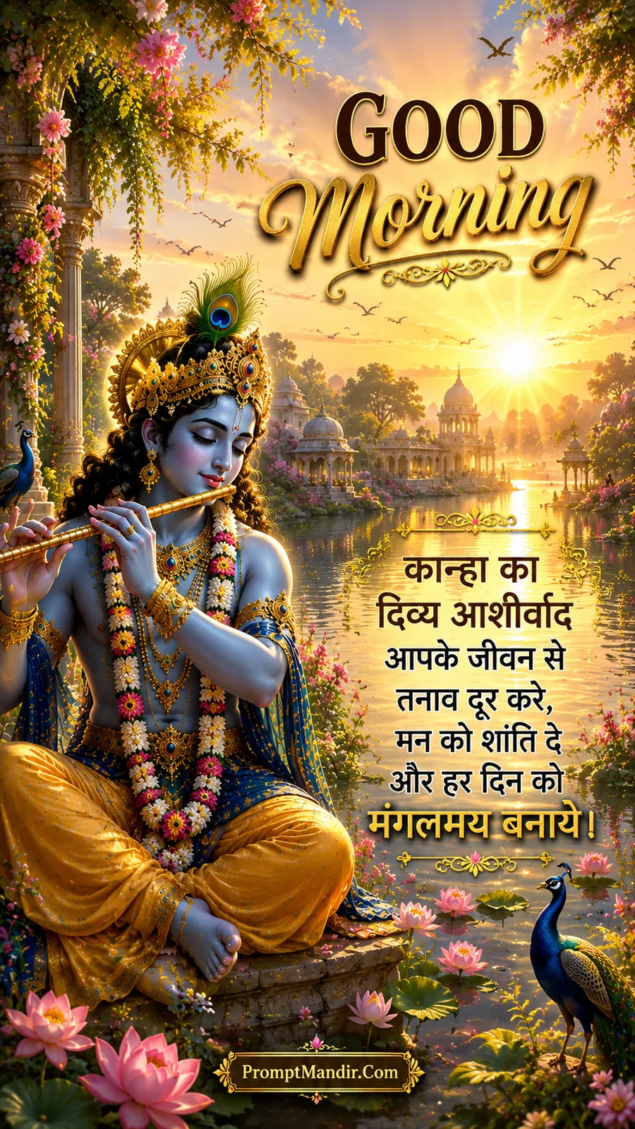 Lord Krishna sitting by a lotus pond at sunrise, playing his flute, with peacocks and temple pavilions in the background