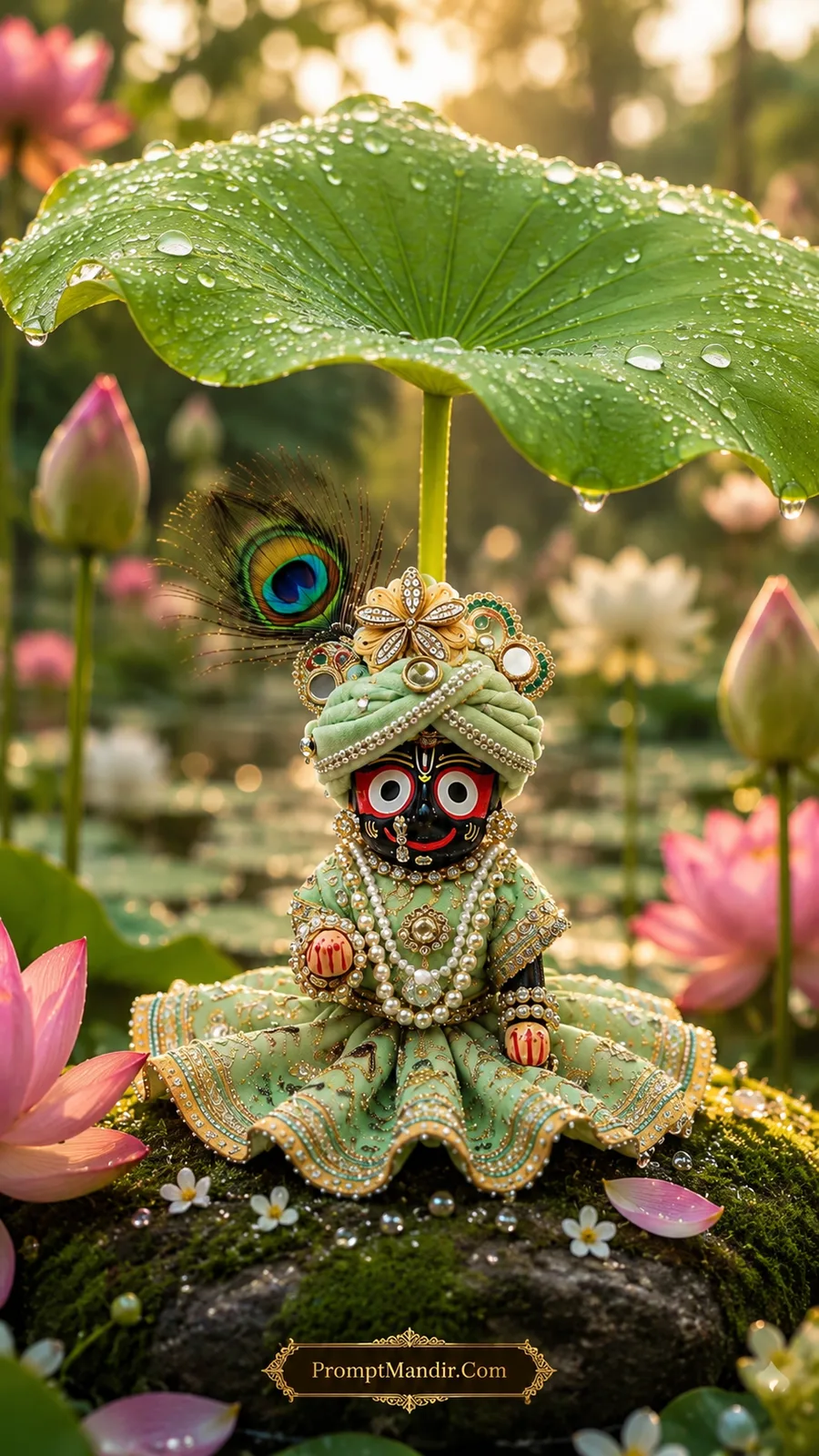 Miniature Lord Jagannath deity sitting on a mossy stone under a giant green lotus leaf with water droplets, holding a peacock feather and pearl jewelry