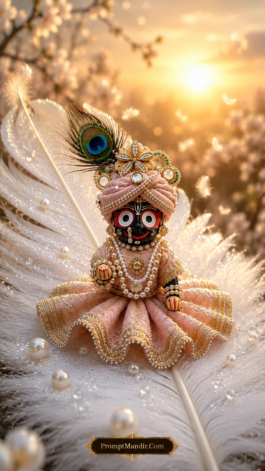Miniature Lord Jagannath deity sitting gracefully on a large white feather, adorned with pearls and peacock feather