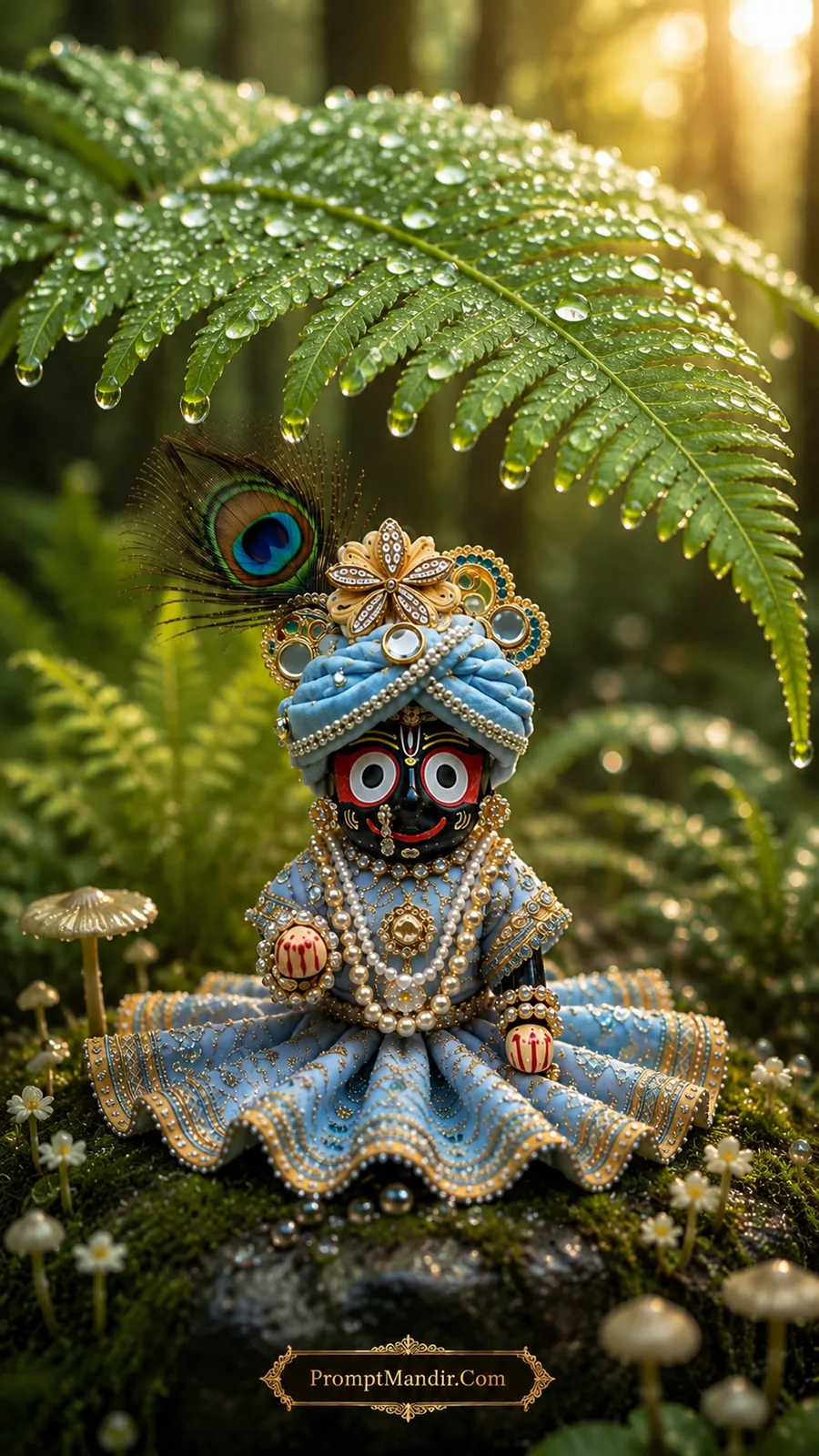 Miniature Lord Jagannath deity sitting on moss in a forest under a giant fern leaf with water droplets and glowing mushrooms