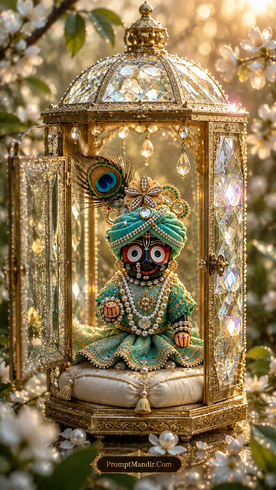 Miniature Lord Jagannath deity seated inside a gleaming golden crystal glass dome, holding a peacock feather
