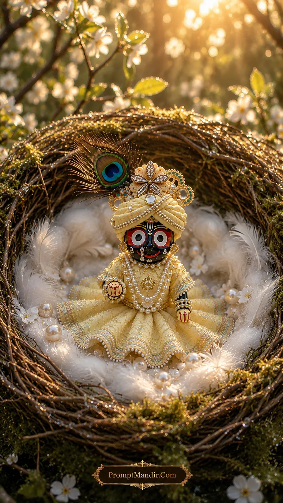 Miniature Lord Jagannath deity resting inside a cozy bird's nest lined with feathers and pearls