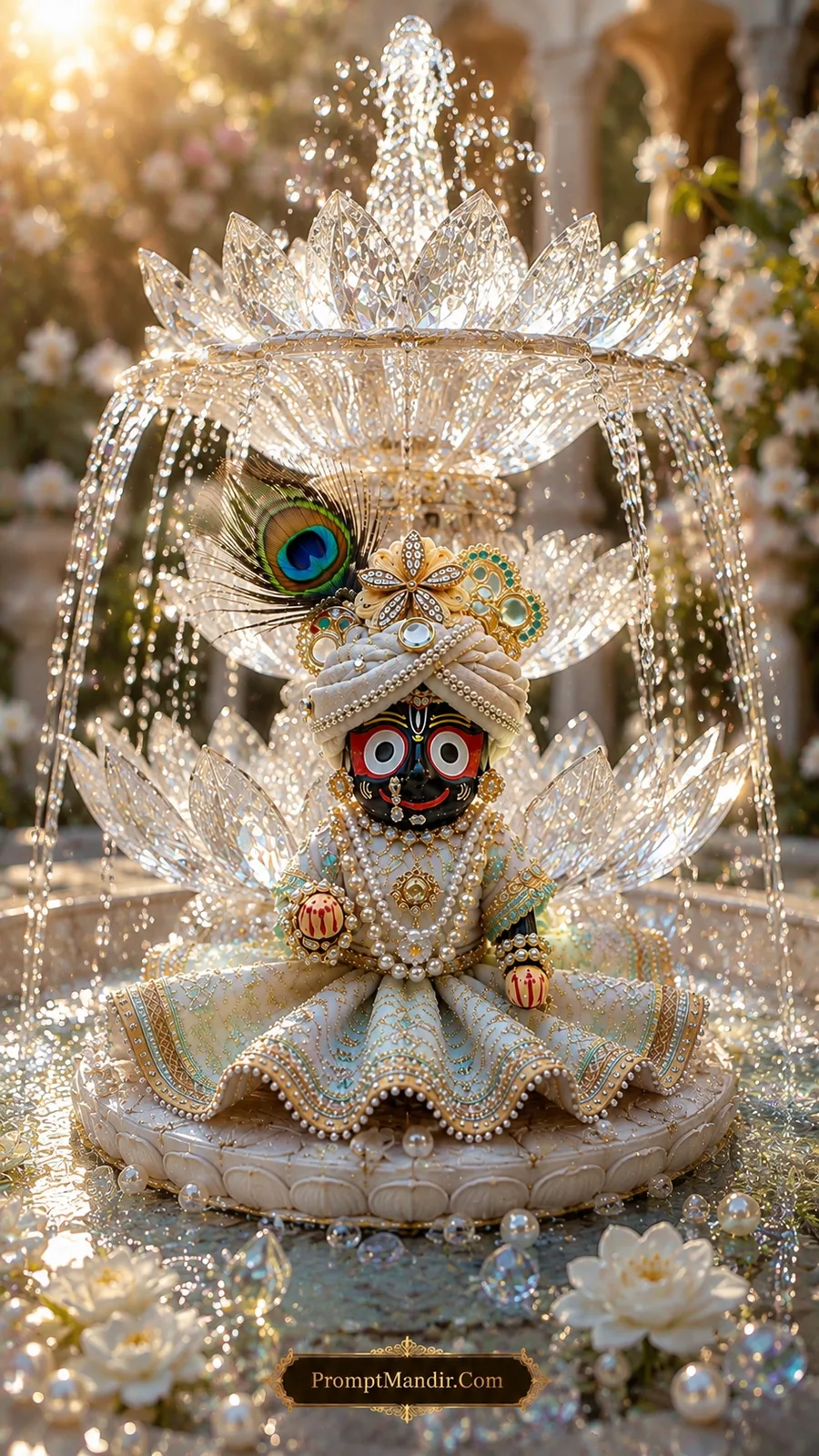 Miniature Lord Jagannath deity seated beneath a sparkling crystal lotus fountain with falling water droplets