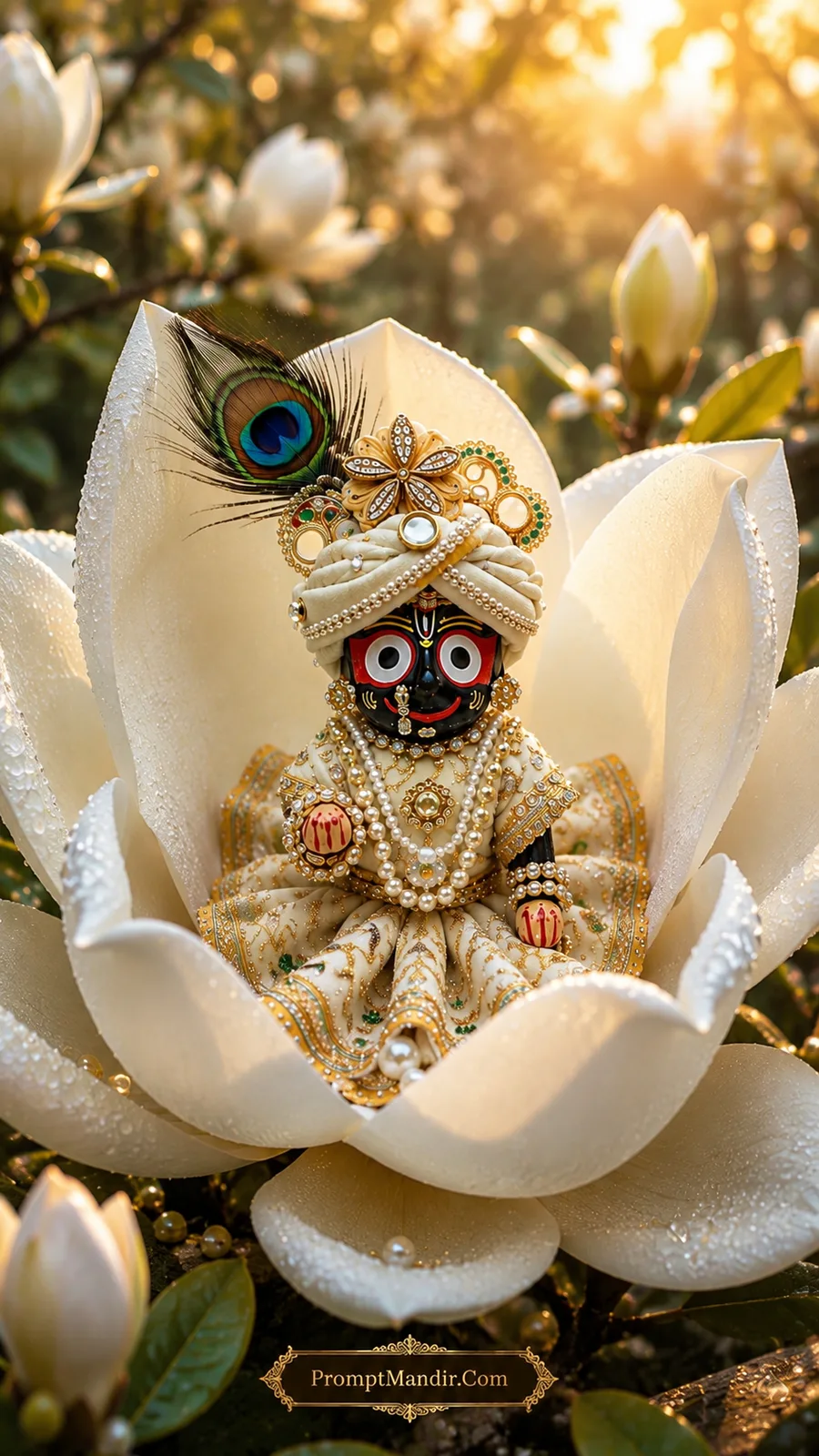 Miniature Lord Jagannath deity seated inside a giant white magnolia flower with water droplets