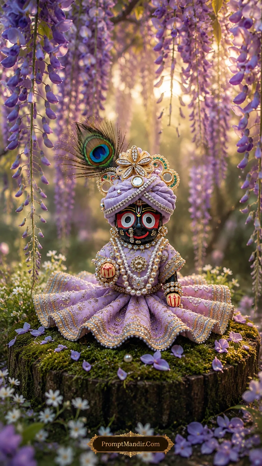 Miniature Lord Jagannath deity sitting on a mossy stump beneath a canopy of hanging purple wisteria flowers