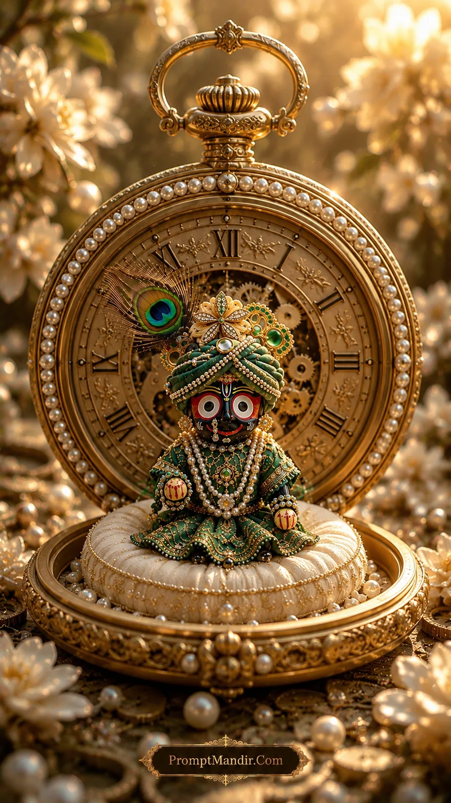 Miniature Lord Jagannath deity seated inside an ornate open golden pocket watch with Roman numerals and pearls