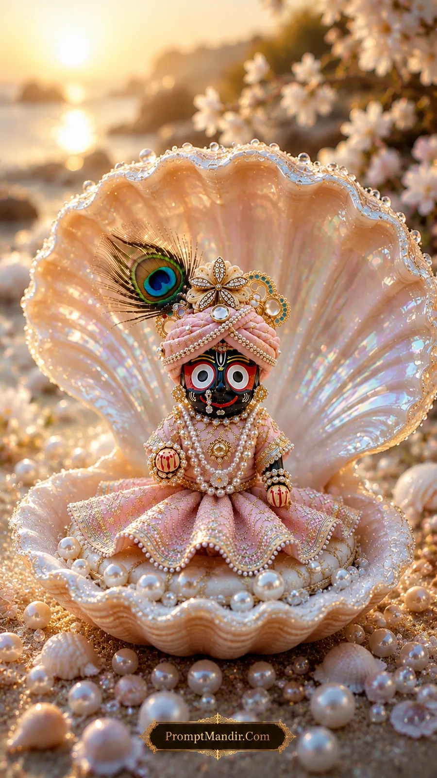 Miniature Lord Jagannath deity seated inside a giant glowing pink seashell on a sandy beach with pearls