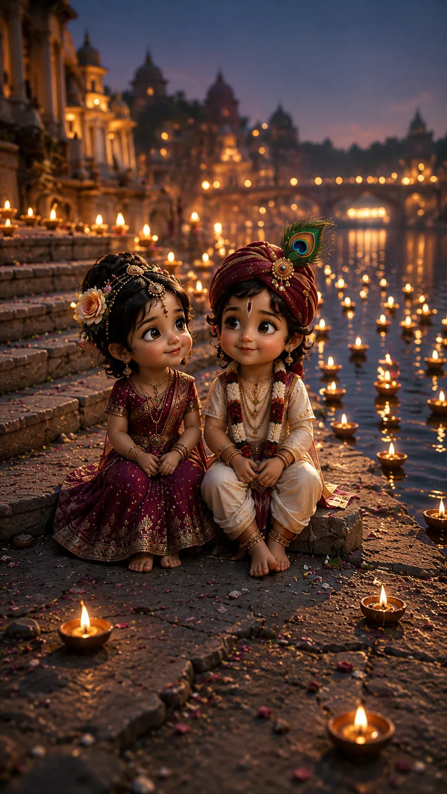 Cute 3D animated baby Radha and baby Krishna sitting together on a river ghat at night, surrounded by floating diyas and glowing city lights
