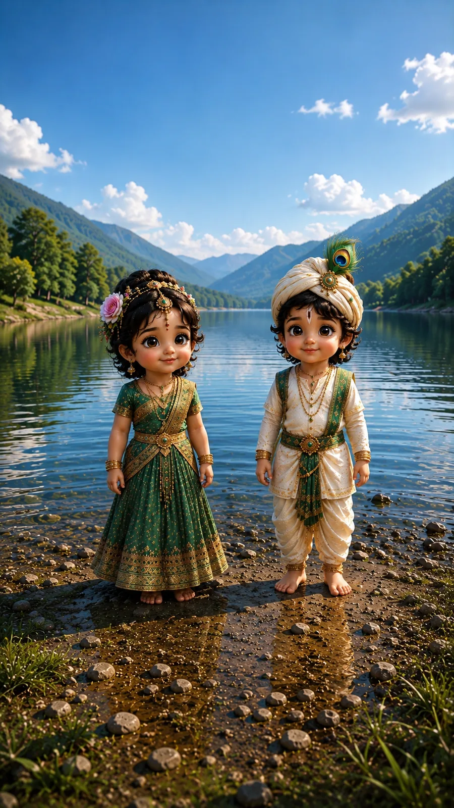 Cute 3D animated baby Radha and baby Krishna standing together on a rocky lakeshore with a calm blue lake and green mountains in the background