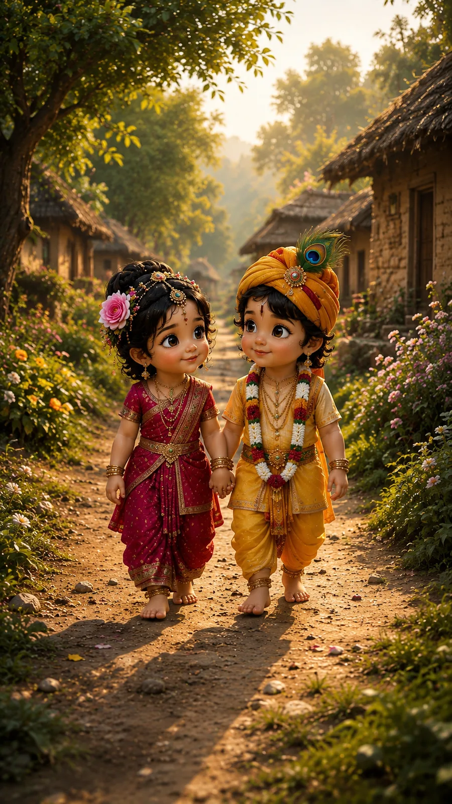 Cute 3D animated baby Radha and baby Krishna walking hand-in-hand through a rustic village path at golden hour
